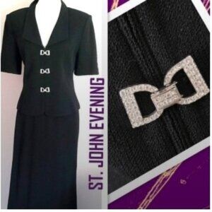 St. John Evening Black Santana Knit Embellished Jacket Bow Buttons Size 8